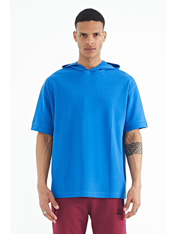 Tommylife Saks Kapüşonlu Kol Etiket Detaylı Oversize Erkek Tişört - 88179