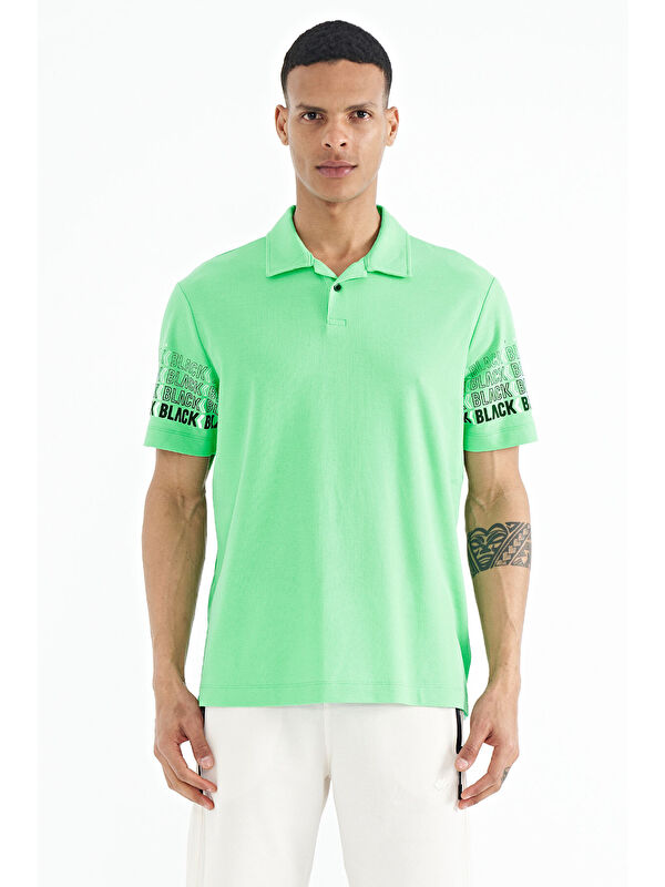 Tommylife Su Yeşili Kol Baskı Detaylı Polo Yaka Standart Form Erkek %100 Pamuk Tişört - 88240