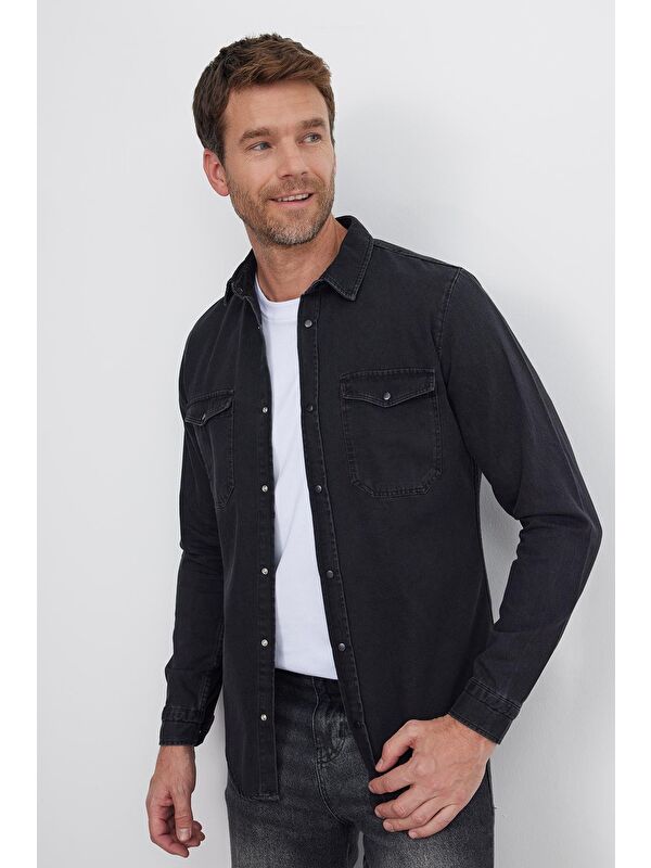 TUDORS Erkek Slim Fit Dar Kesim Uzun Kollu Denim Çift Cep Çıtçıtlı Siyah %100 Pamuk Gömlek