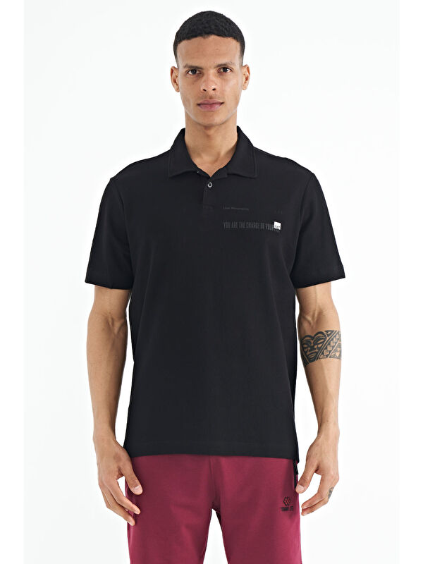 Tommylife Siyah Yazı Baskılı Standart Form Polo Yaka Erkek %100 Pamuk Tişört - 88236