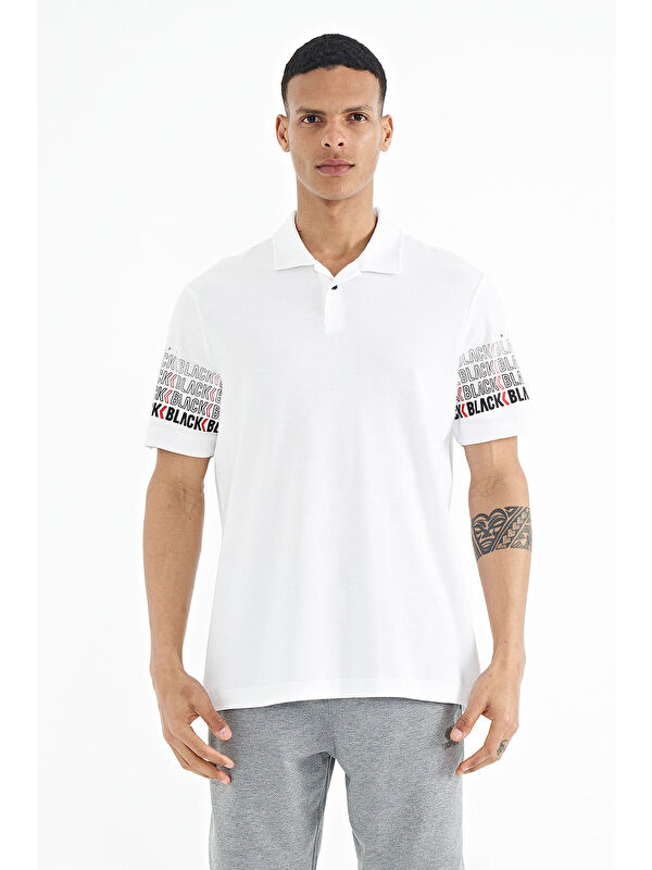 Tommylife Beyaz Kol Baskı Detaylı Polo Yaka Standart Form Erkek %100 Pamuk Tişört - 88240