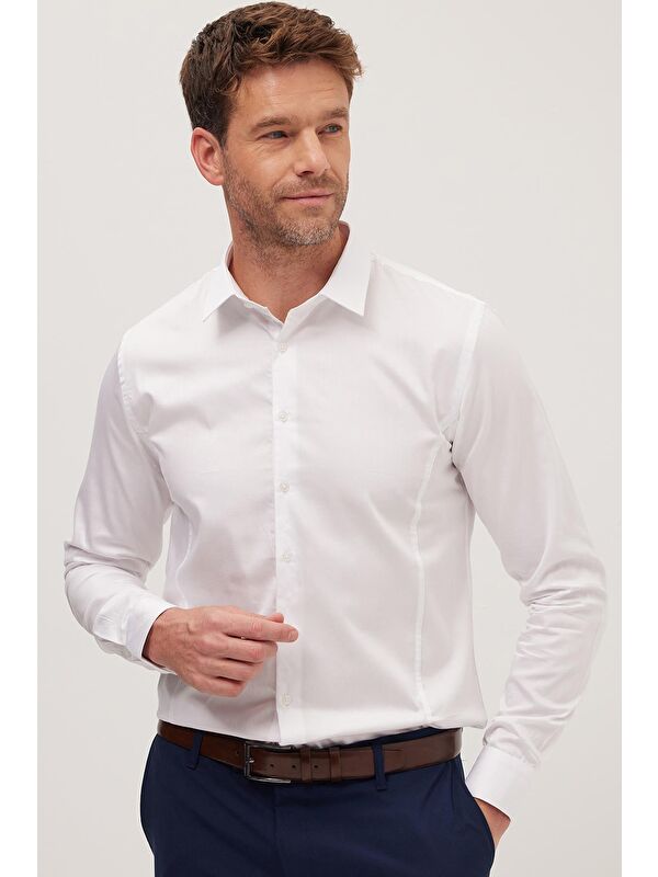 TUDORS Erkek Slim Fit Dar Kesim Uzun Kollu %100 Pamuk Premium Seri Beyaz Gömlek