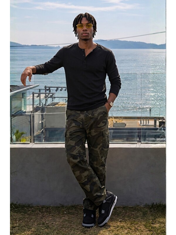 gothamVibes Erkek Siyah Henley T-Shirt