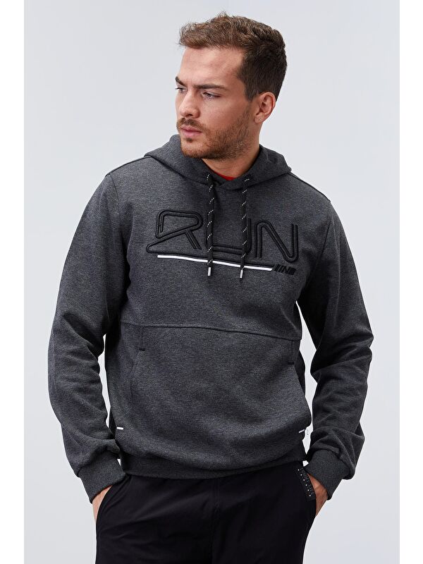 Tommylife Antrasit Melanj Yazı Nakışlı Standart Kalıp Kapüşonlu  Erkek Hoodie - 87887