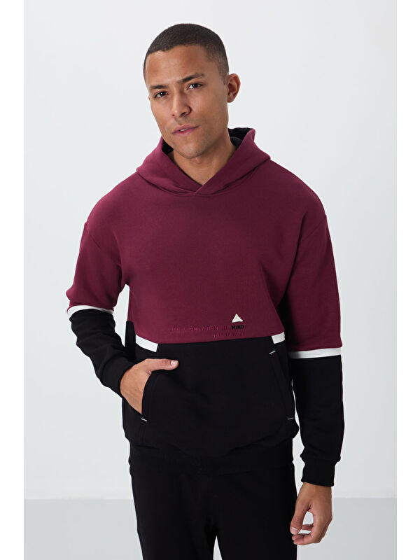 Tommylife Erguvan Pamuklu Kalın İçi Tüylü Yumuşak Dokulu Comfort Fit Nakışlı  Erkek Hoodie - 88417