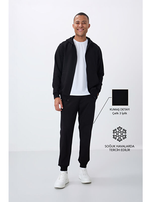Tommylife Siyah Kompakt Pamuklu Kalın Pürüzsüz Dokulu Kapüşonlu Comfort Fit Erkek Eşofman Takım   85262