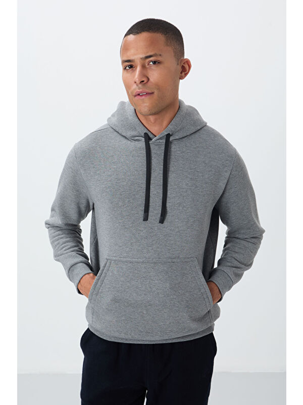 Tommylife Gri Melanj Pamuklu Kalın İçi Tüylü Yumuşak Dokulu Comfort Fit Erkek Hoodie - 88419