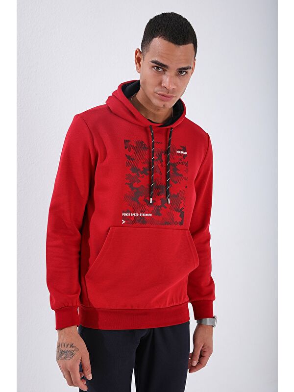 Tommylife Kırmızı Kamuflaj Desen Baskılı Standart Kalıp Kapüşonlu  Erkek Hoodie - 87884