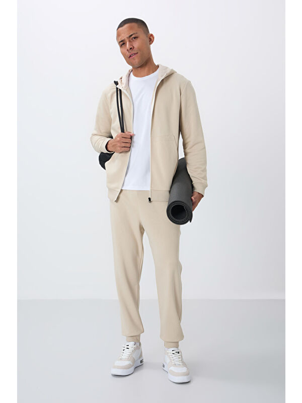 Tommylife Bej Kompakt Pamuklu Kalın Pürüzsüz Dokulu Kapüşonlu Comfort Fit Erkek Eşofman Takım   85262