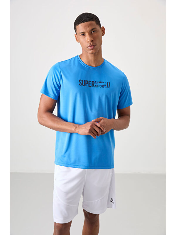 Tommylife Saks Polyester Nefes Alan Dokulu İnce Esnek Standart Fit Erkek Performans Tişört - 88385
