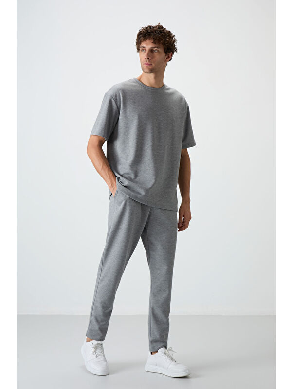 Air Jones Gri Melanj Pamuklu Kalın Yumuşak Dokulu  Fit Basic Erkek Eşofman Takım - 85251