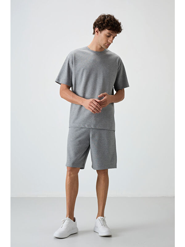 Air Jones Gri Melanj Pamuklu Kalın Yumuşak Dokulu  Fit Basic Şortlu Takım - 85249