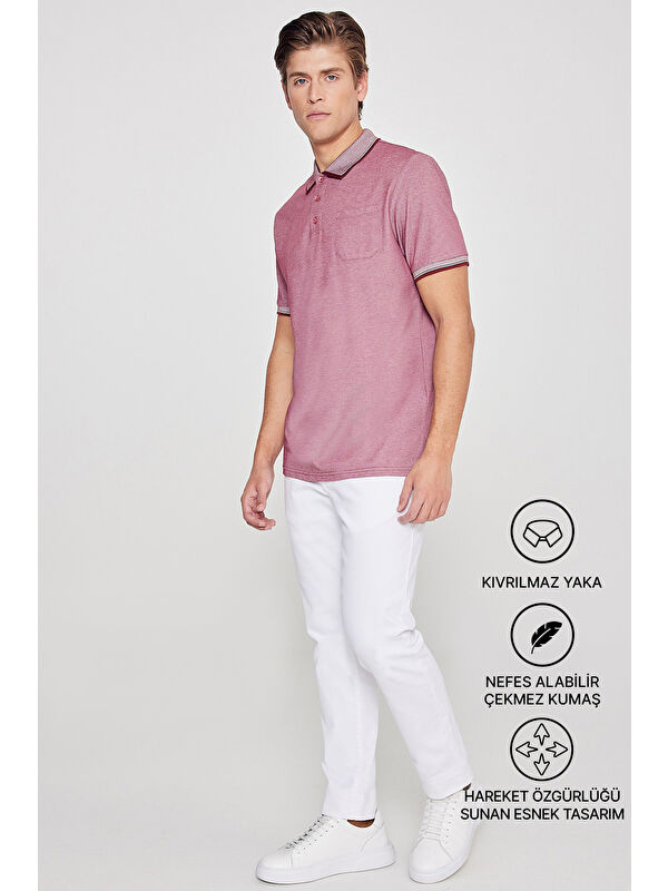 AC&Co / Altınyıldız Classics Erkek Bordo Pamuklu Comfort Fit Rahat Kesim Polo Yaka Cepli Tişört