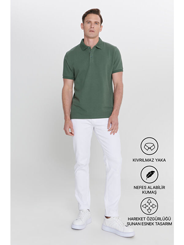 AC&Co / Altınyıldız Classics Erkek Haki Slim Fit Dar Kesim Polo Yaka %100 Pamuk Kısa Kollu Tişört
