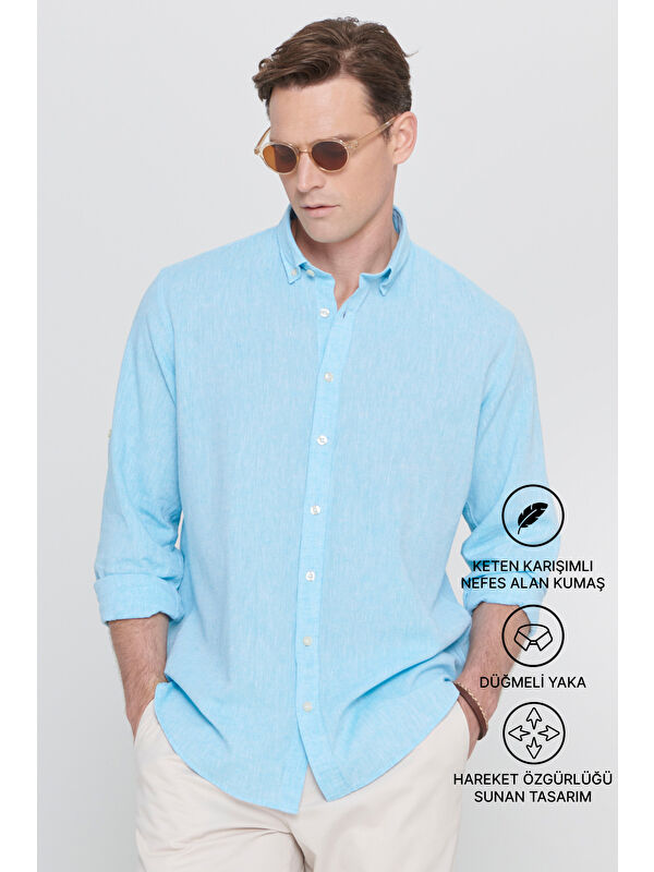 AC&Co / Altınyıldız Classics Erkek Turkuaz Comfort Fit Rahat Kesim Düğmeli Yaka Casual Keten Gömlek