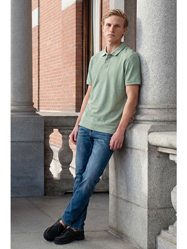 AC&Co / Altınyıldız Classics Erkek Yeşil Slim Fit Dar Kesim Kıvrılmaz Polo Yaka Kısa Kollu Tişört