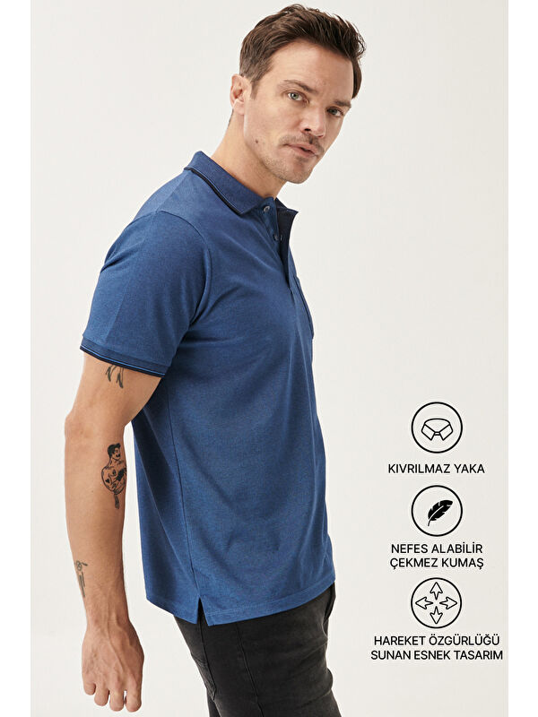 AC&Co / Altınyıldız Classics Erkek Lacivert-İndigo Pamuklu Comfort Fit Rahat Kesim Polo Yaka Cepli Tişört