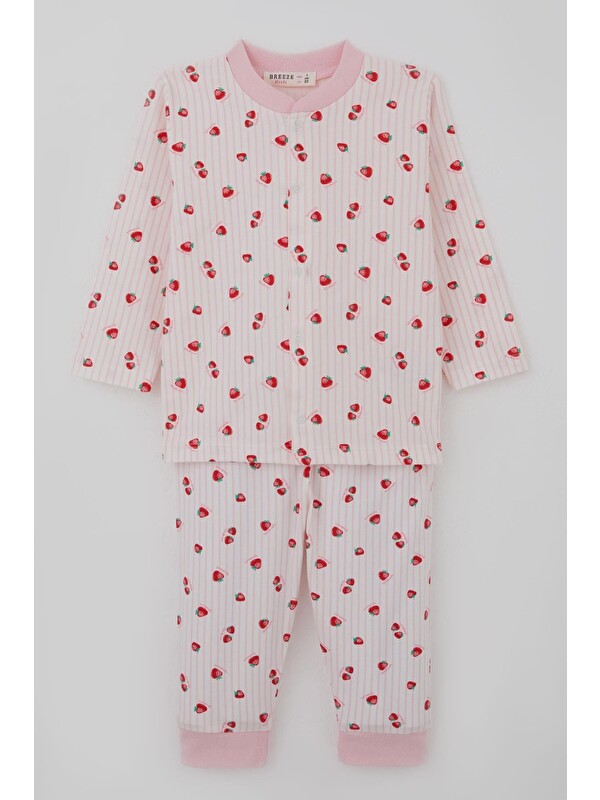 Breeze Kız Bebek Pijama Takımı Önden Çıtçıtlı Çilek Desenli Ekru (4 Ay-1 Yaş)