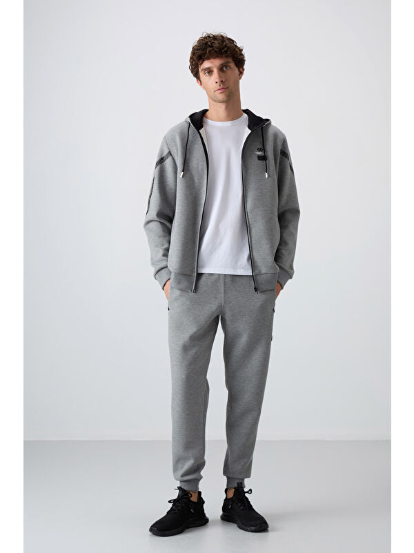 Tommylife Gri Melanj Pamuklu Kalın Yumuşak Dokulu Comfort Fit Baskılı Erkek Eşofman Takım - 85236