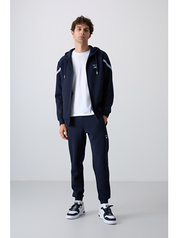 Tommylife İndigo Pamuklu Kalın Yumuşak Dokulu Comfort Fit Baskılı Erkek Eşofman Takım - 85236