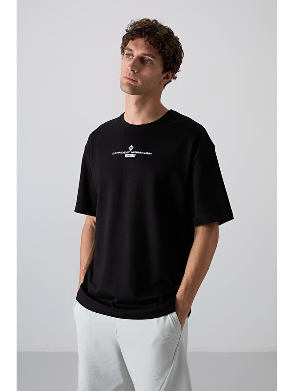 Tommylife Sıyah/Beyaz Pamuklu Kalın Yumuşak Dokulu Oversize Fit Baskılı Erkek Tişört - 88321