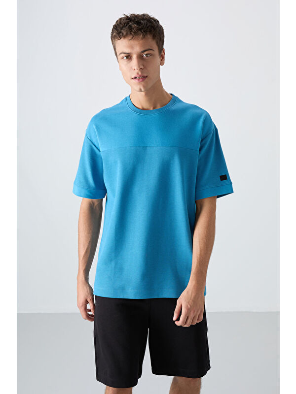 Tommylife Petrol Mavi Pamuklu Kalın Yüzeyi Dokulu Oversize Fit Basic Erkek Tişört - 88340