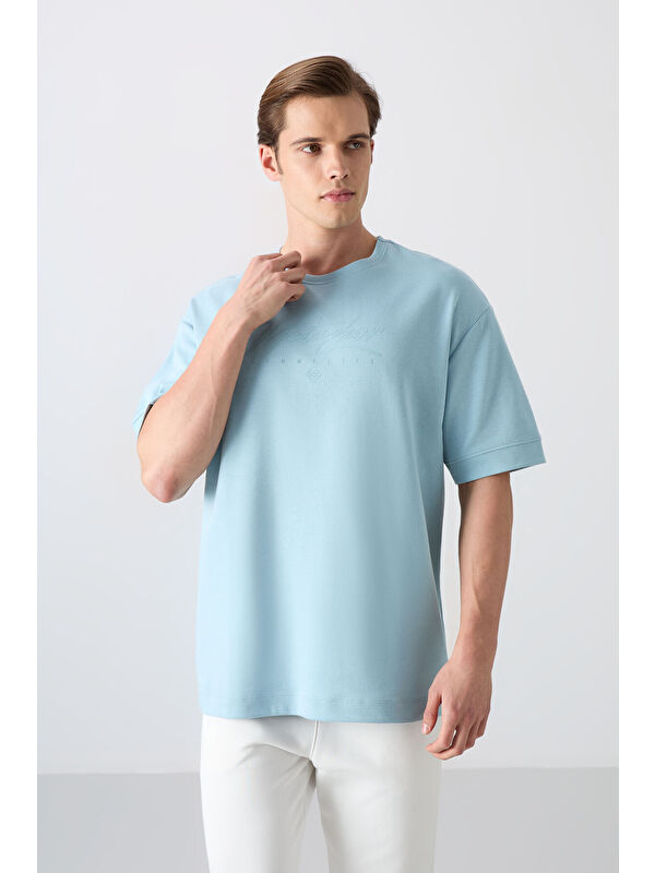 Tommylife Açık Mavi Pamuklu Kalın Yumuşak Dokulu Oversize Fit Baskılı Erkek Tişört - 88320