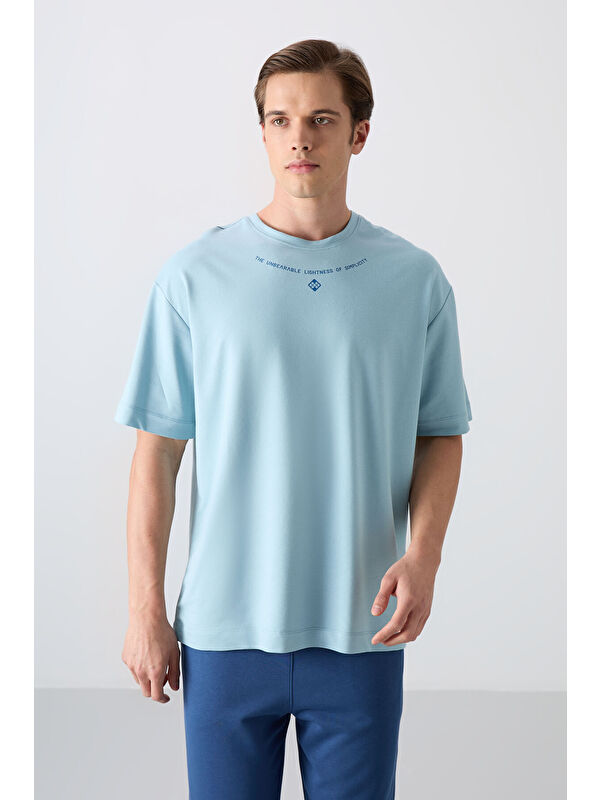 Tommylife Açık Mavi Pamuklu Kalın Yumuşak Dokulu Oversize Fit Baskılı Erkek Tişört - 88343