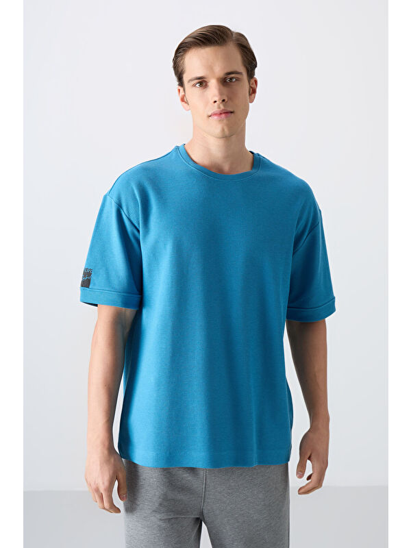 Tommylife Petrol Mavi Pamuklu Kalın Yüzeyi Dokulu Oversize Fit Basic Erkek Tişört - 88339