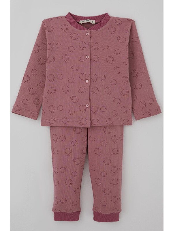 Breeze Kız Bebek Pijama Takımı Önden Düğmeli Elma Desenli Gülkurusu (4 Ay-1 Yaş)