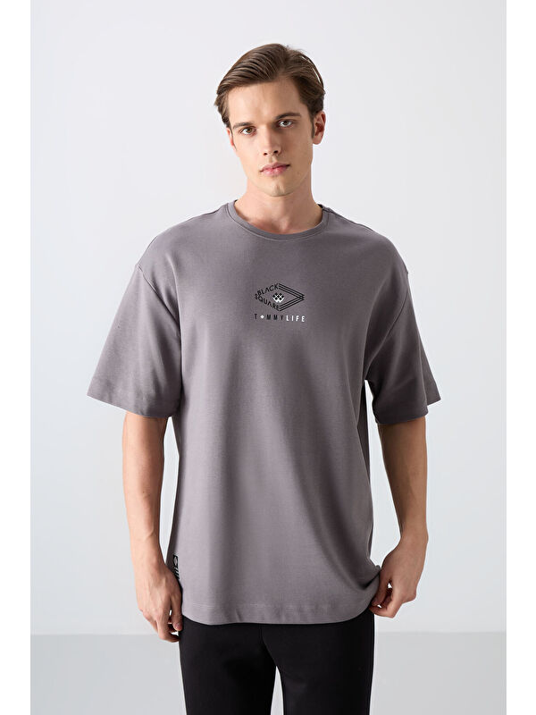 Tommylife Koyu Gri Pamuklu Kalın Yumuşak Dokulu Oversize Fit Baskılı Erkek Tişört - 88325