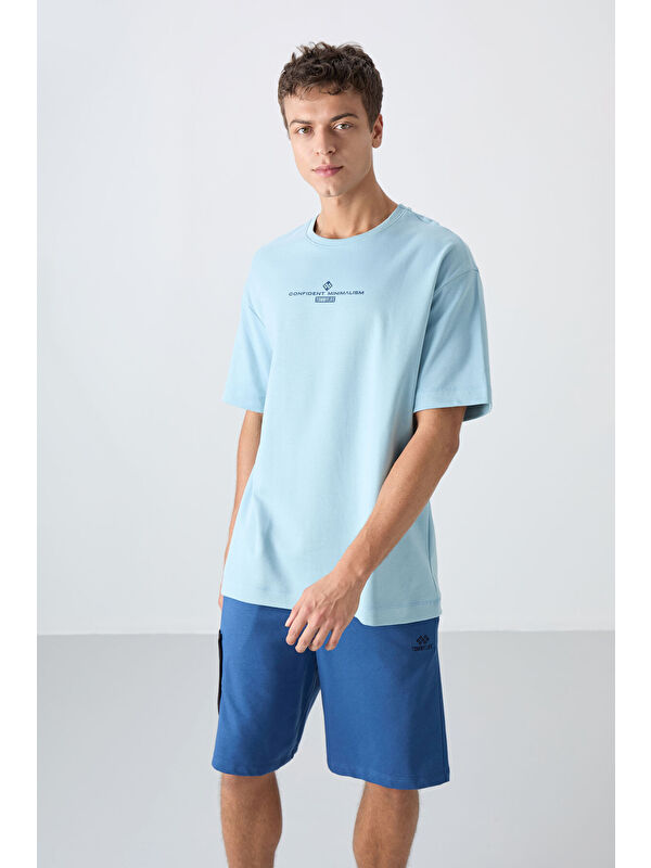 Tommylife Açık Mavi Pamuklu Kalın Yumuşak Dokulu Oversize Fit Baskılı Erkek Tişört - 88321