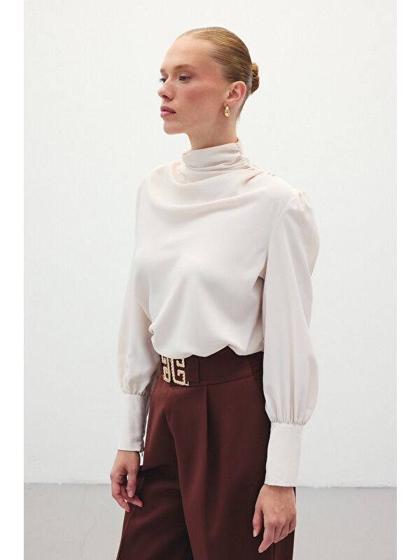 SATEEN Drape Detaylı Bluz - Bej