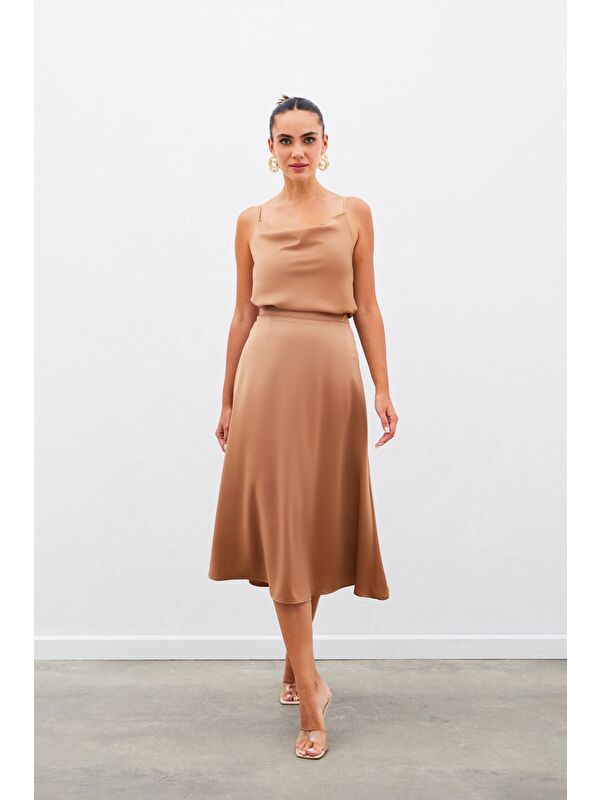 SATEEN Midi Boy Saten Etek - Camel