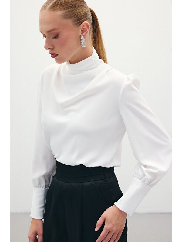 SATEEN Drape Detaylı Bluz - Ekru