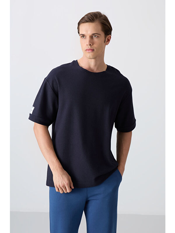 Tommylife Lacivert Pamuklu Kalın Yüzeyi Dokulu Oversize Fit Basic Erkek Tişört - 88339