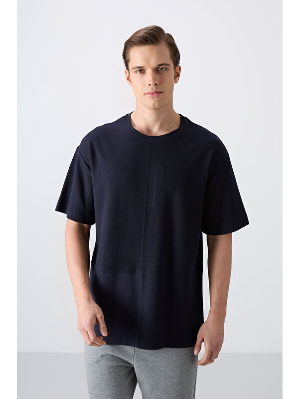 Tommylife Lacivert Pamuklu Kalın Yüzeyi Dokulu Oversize Fit Basic Erkek Tişört - 88337