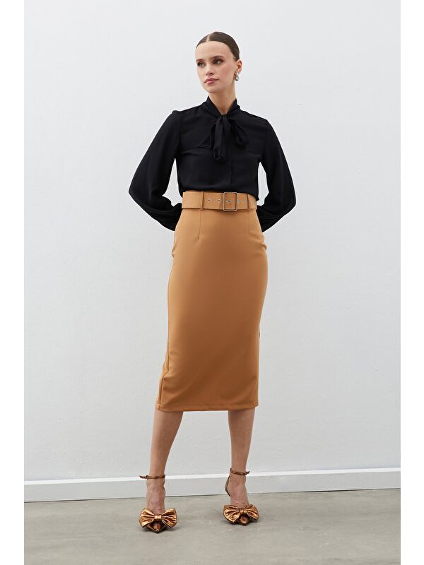 SATEEN Kemerli Kalem Etek - Camel