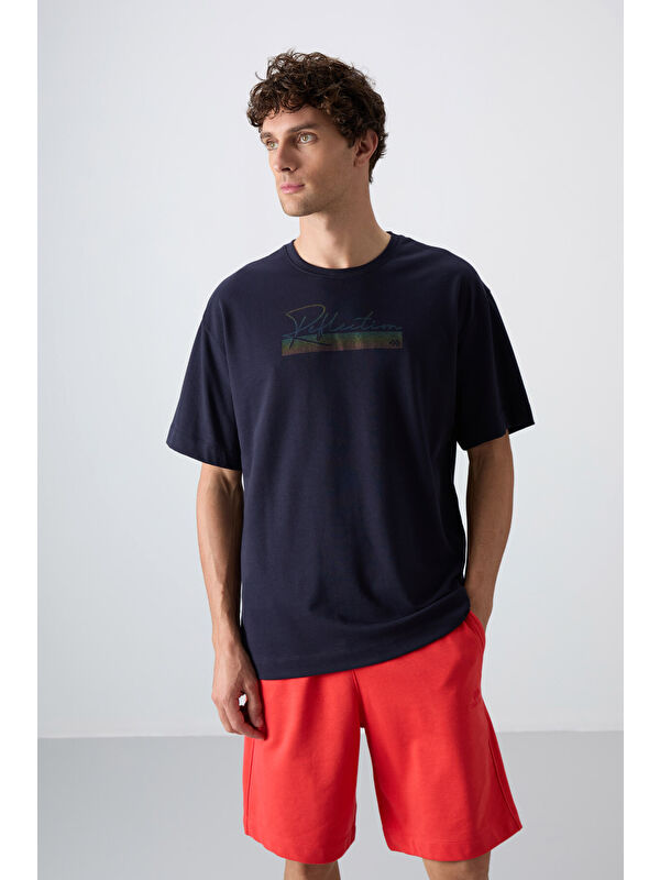 Tommylife Lacivert Pamuklu Kalın Yumuşak Dokulu Oversize Fit Baskılı Erkek Tişört - 88334