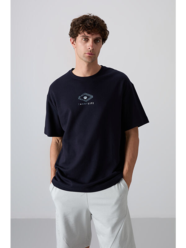 Tommylife Lacivert Pamuklu Kalın Yumuşak Dokulu Oversize Fit Baskılı Erkek Tişört - 88325