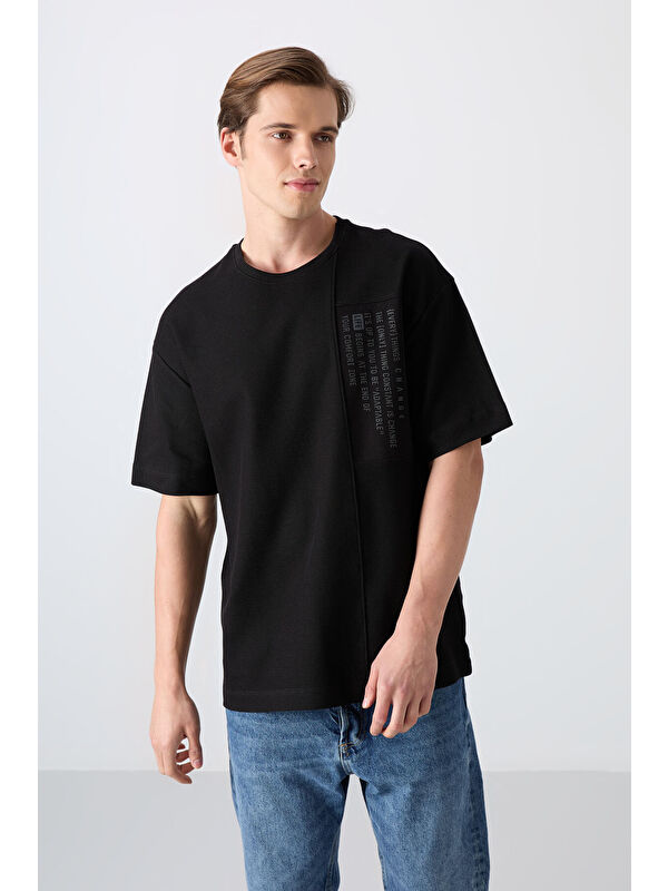 Tommylife Siyah Pamuklu Kalın Yüzeyi Dokulu Oversize Fit Baskılı Erkek Tişört - 88338
