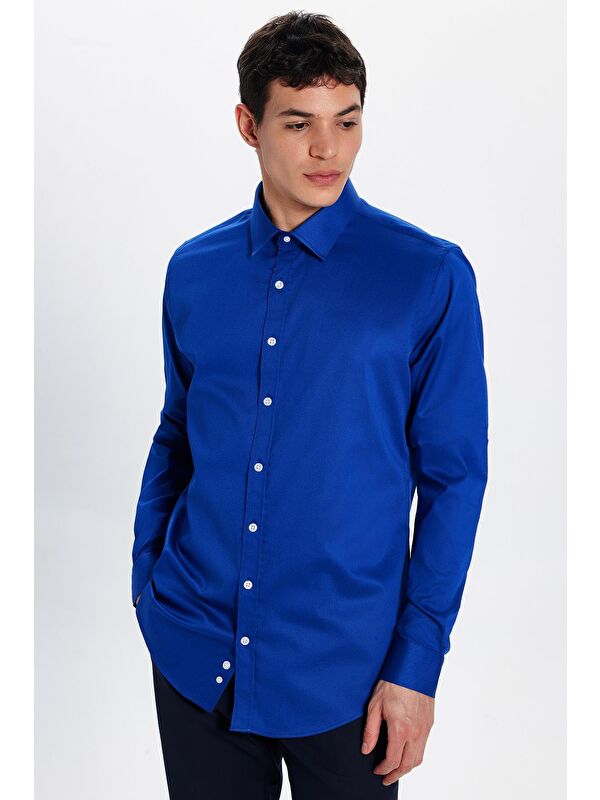 TUDORS Erkek Slim Fit Dar Kesim Uzun Kollu Pamuklu Premium Seri Pamuk Elastanlı Saks Mavi Gömlek