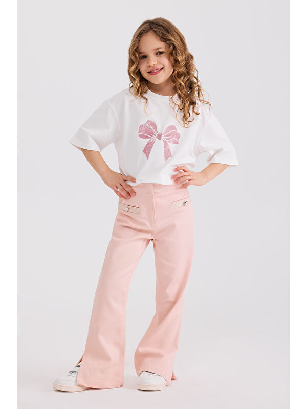 Panço Kız Çocuk Süs Cepli Pembe Pantolon