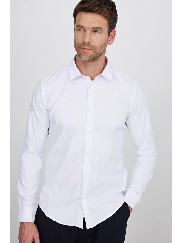 TUDORS Slim Fit Uzun Kollu Elastanlı Düz Stretch Beyaz Erkek Gömlek