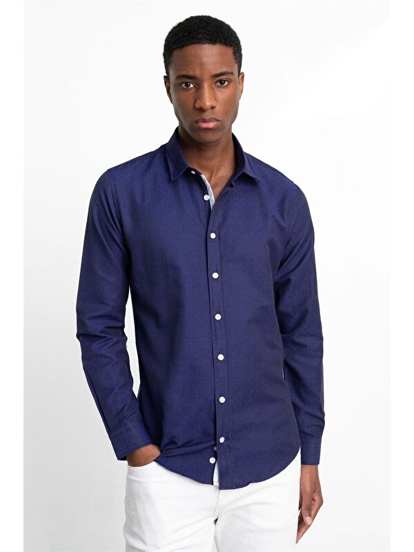 TUDORS Slim Fit Uzun Kollu Oxford Doku Armürlü Biyeli Erkek Lacivert Gömlek