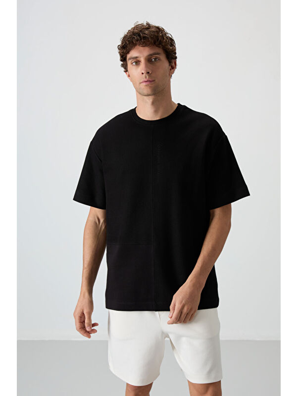 Tommylife Siyah Pamuklu Kalın Yüzeyi Dokulu Oversize Fit Basic Erkek Tişört - 88337