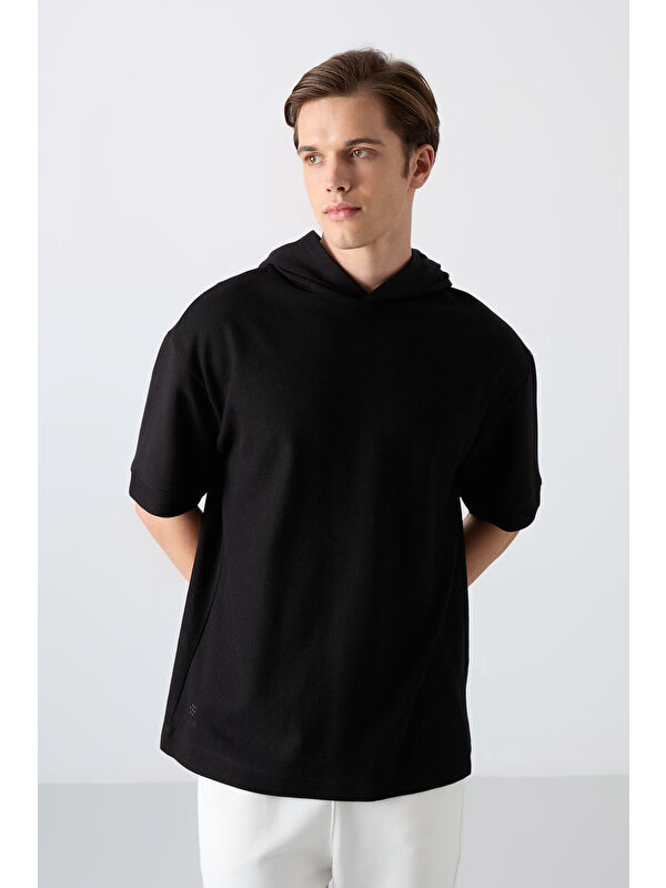 Tommylife Siyah Pamuklu Kalın Yüzeyi Dokulu Oversize Fit Basic Erkek Tişört - 88335