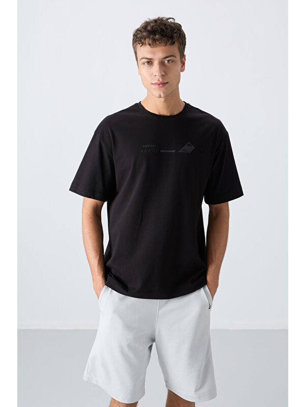 Tommylife Siyah Pamuklu Kalın Yumuşak Dokulu Oversize Fit Baskılı Erkek Tişört - 88330