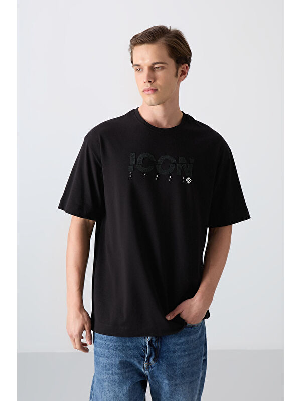 Tommylife Siyah Pamuklu Kalın Yumuşak Dokulu Oversize Fit Baskılı Erkek Tişört - 88331