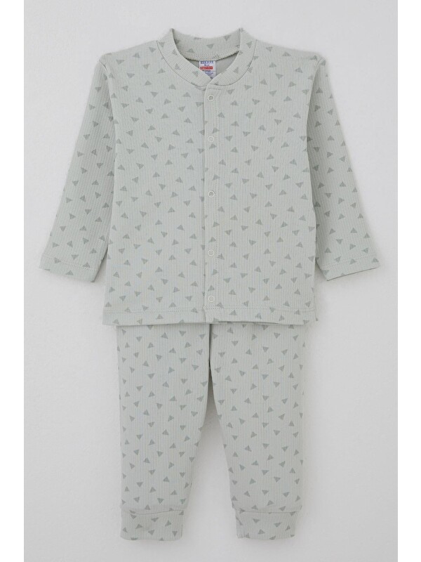 Breeze Erkek Bebek Pijama Takımı Mini Üçgenler Desenli Önden Çıtçıtlı Su Yeşili (4 Ay-1 Yaş)